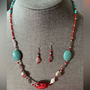 Statement Beaded Necklace & Earrings Red Blue Turquoise Howlite Gem